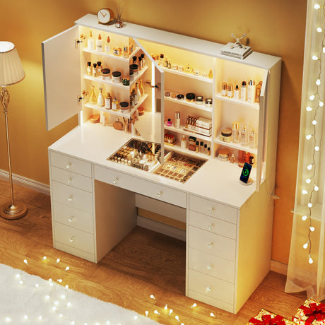 Vanity Desk with Mirror and Lights, 50" Makeup Vanity with Glass Top & Power Outlet, White Vanity with 11 Drawers & 8 Hidden Storage Shelves, 3 LED Lighting Modes Adjustable for Bedroom HUAHUU