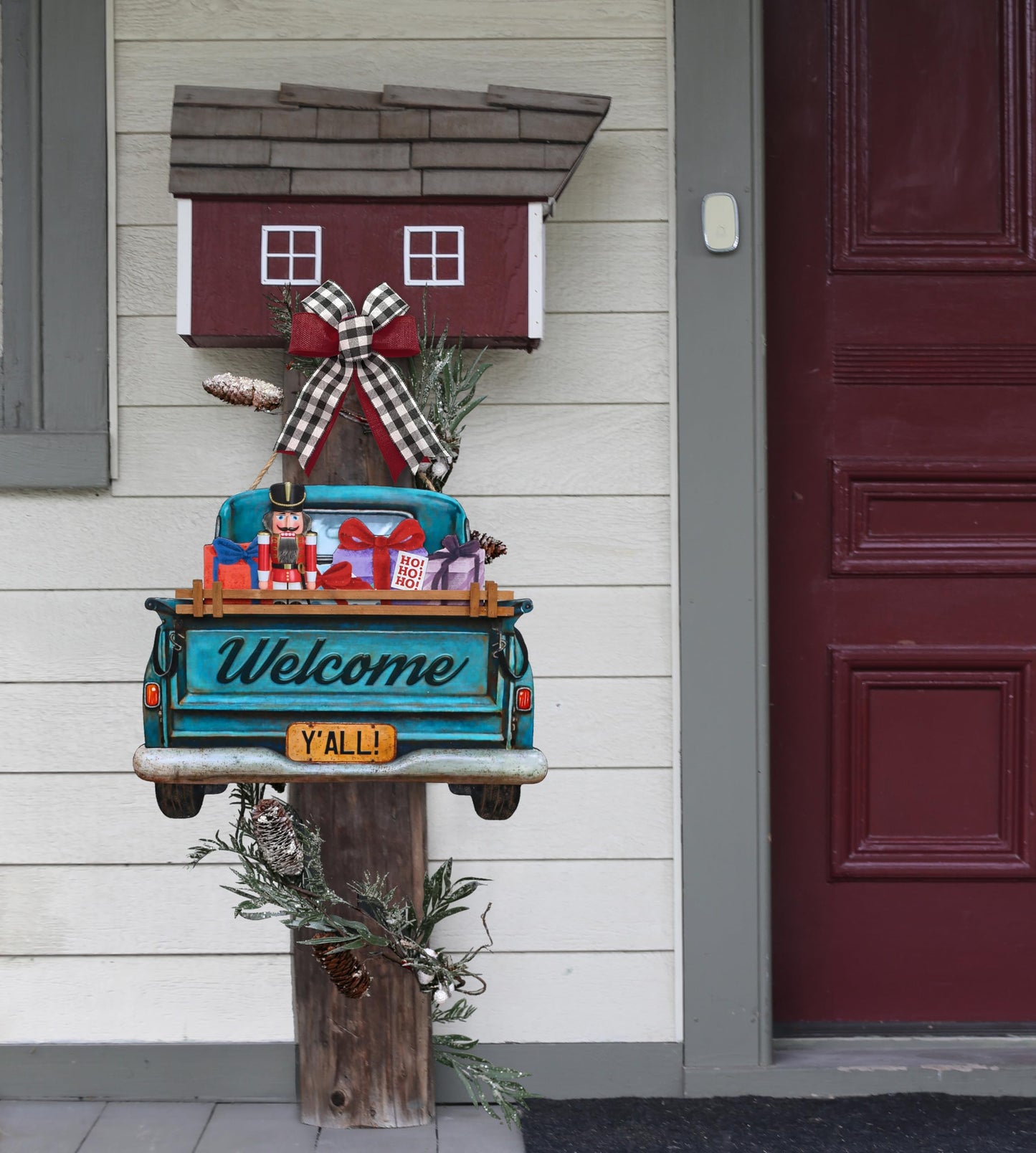 Interchangeable Welcome Sign for Front Door Blue Farmhouse Truck Decor Hanging Sign with 11 Interchangeable Seasonal and Holiday Decor Signs 12x14 in. (Blue Farmhouse Truck)