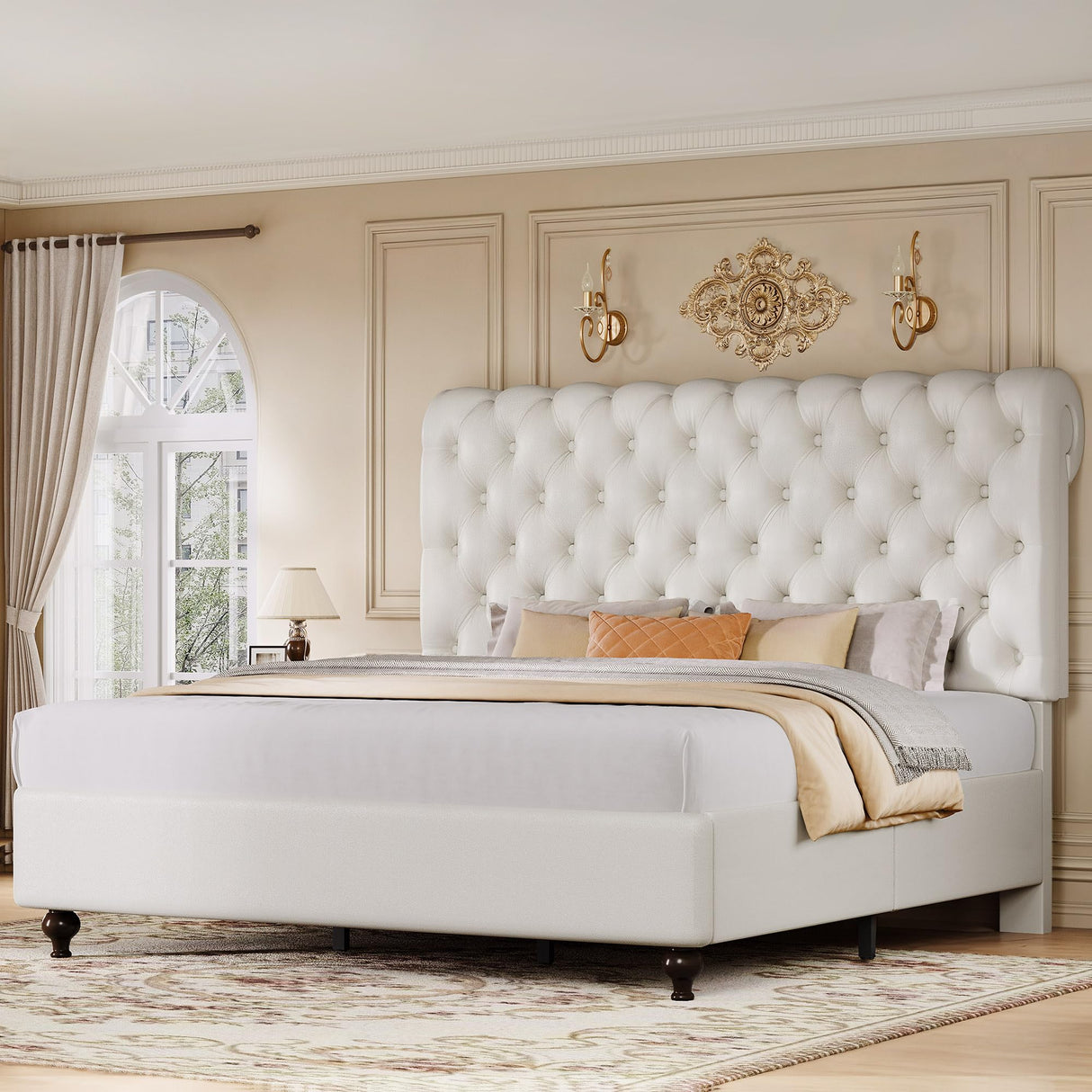 DWVO Queen Size Platform Bed Frame with 54" Tall Headboard, PU Leather Upholstered Platform Bed with Solid Wood Leg, Button Tufted, No Box Spring Needed, Easy Assembly, Beige DWVO
