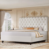 DWVO Queen Size Platform Bed Frame with 54" Tall Headboard, PU Leather Upholstered Platform Bed with Solid Wood Leg, Button Tufted, No Box Spring Needed, Easy Assembly, Beige DWVO