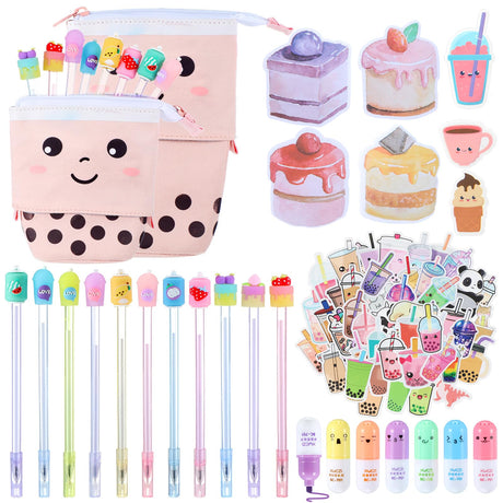 Sabary 228 Pcs Kawaii Stationary Set Include Telescopic Pencil Pouch Case Bag Gel Ink Pen Sticky Note Bubble Tea Sticker Pill Highlighter Stationary Cute School Supplies for Christmas(Vivid) Sabary