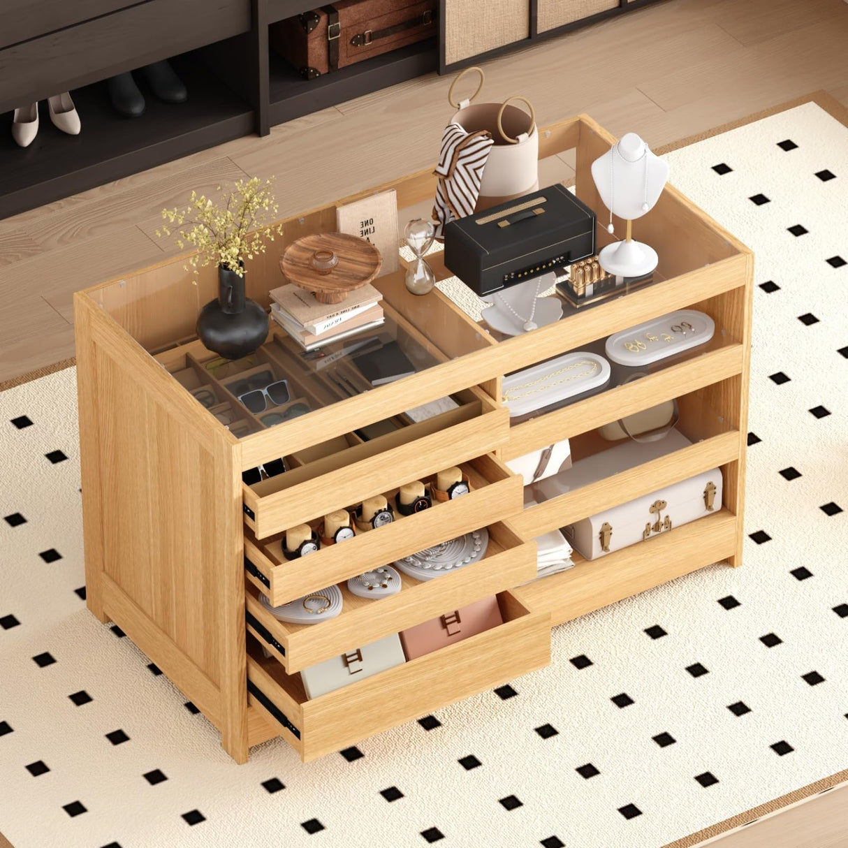 FAMAPY Walk in Closet Island with 4 Drawers, Bedroom Armoire Island with Glass Top, Glass Wardrobe Closet with Drawers & Shelves, Display Case for Dressing Room Cloakroom Oak, 27.6”D x 55.1”W x 35.4”H FAMAPY