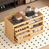 FAMAPY Walk in Closet Island with 4 Drawers, Bedroom Armoire Island with Glass Top, Glass Wardrobe Closet with Drawers & Shelves, Display Case for Dressing Room Cloakroom Oak, 27.6”D x 55.1”W x 35.4”H FAMAPY