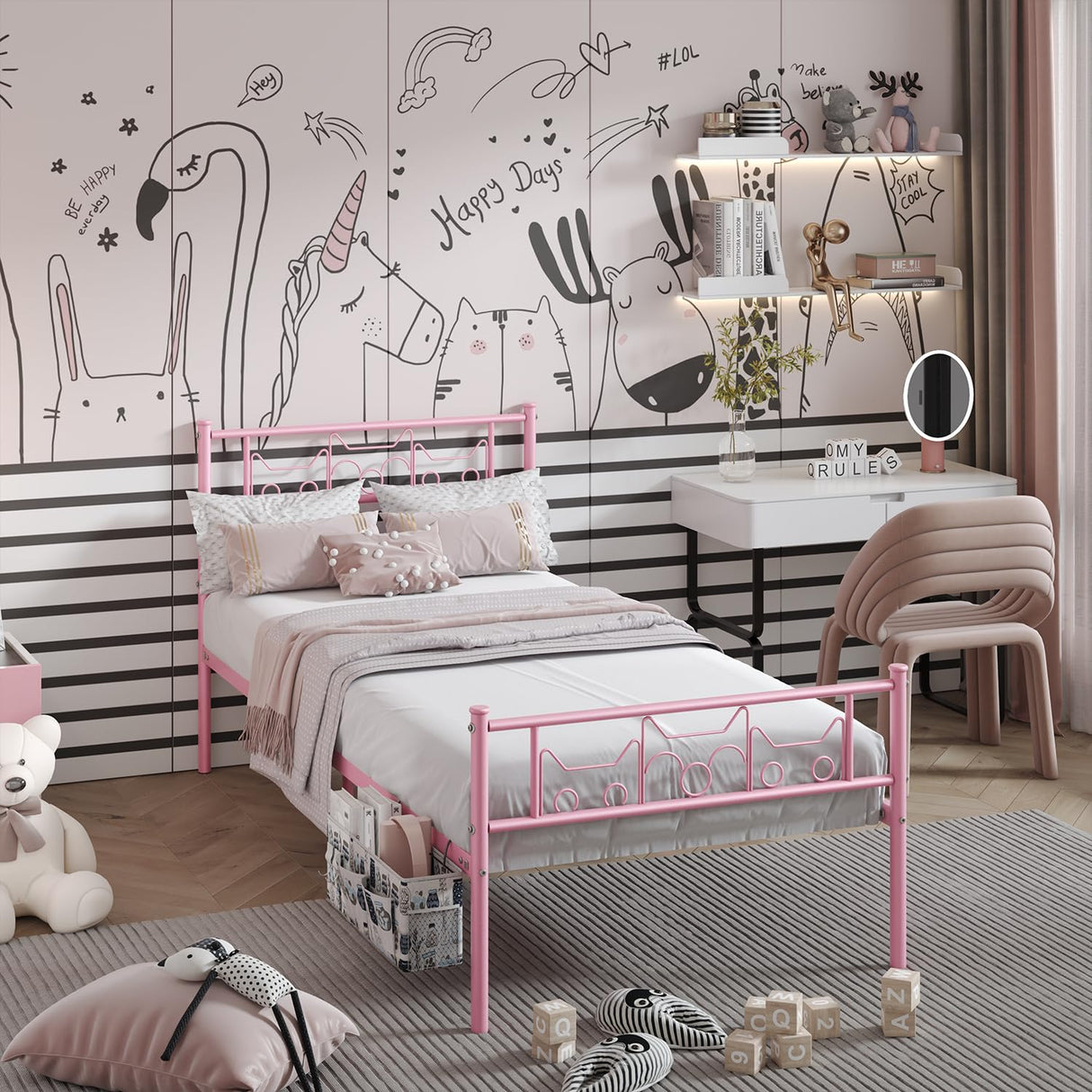 Newest Kitty Design Twin Bed Frames with Bedside Storage Caddy for Girls Metal Platform Twin Size Mattress Foundation Single Beds with Headboard Pink SENLOO