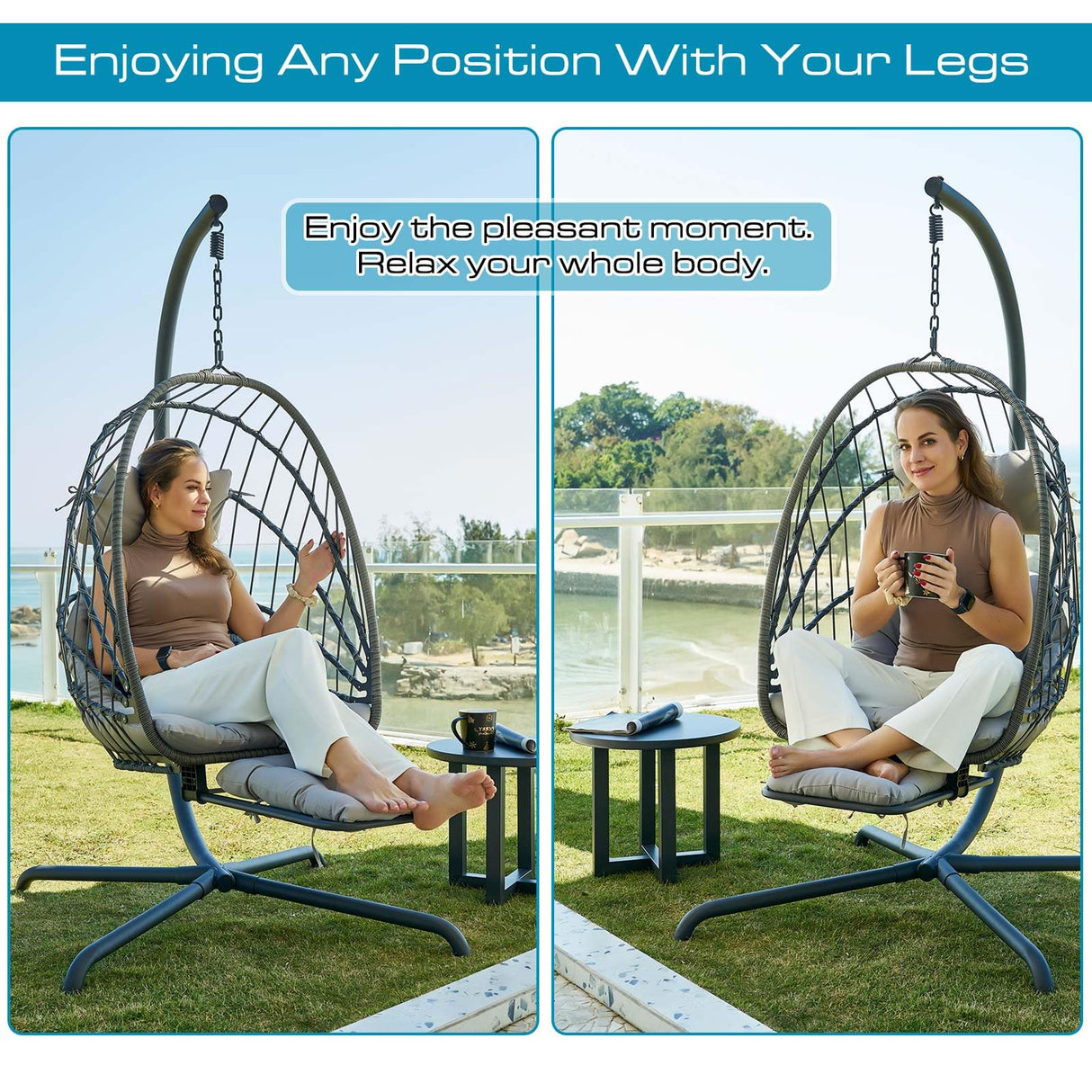 Hanging Egg Chair with Stand and Leg Rest – Rattan Wicker Swing Hammock Chair, UV-Resistant Cushion, Heavy-Duty Frame for Indoor & Outdoor Patio, Bedroom, Balcony, Garden – 330 lbs Capacity. Outlux