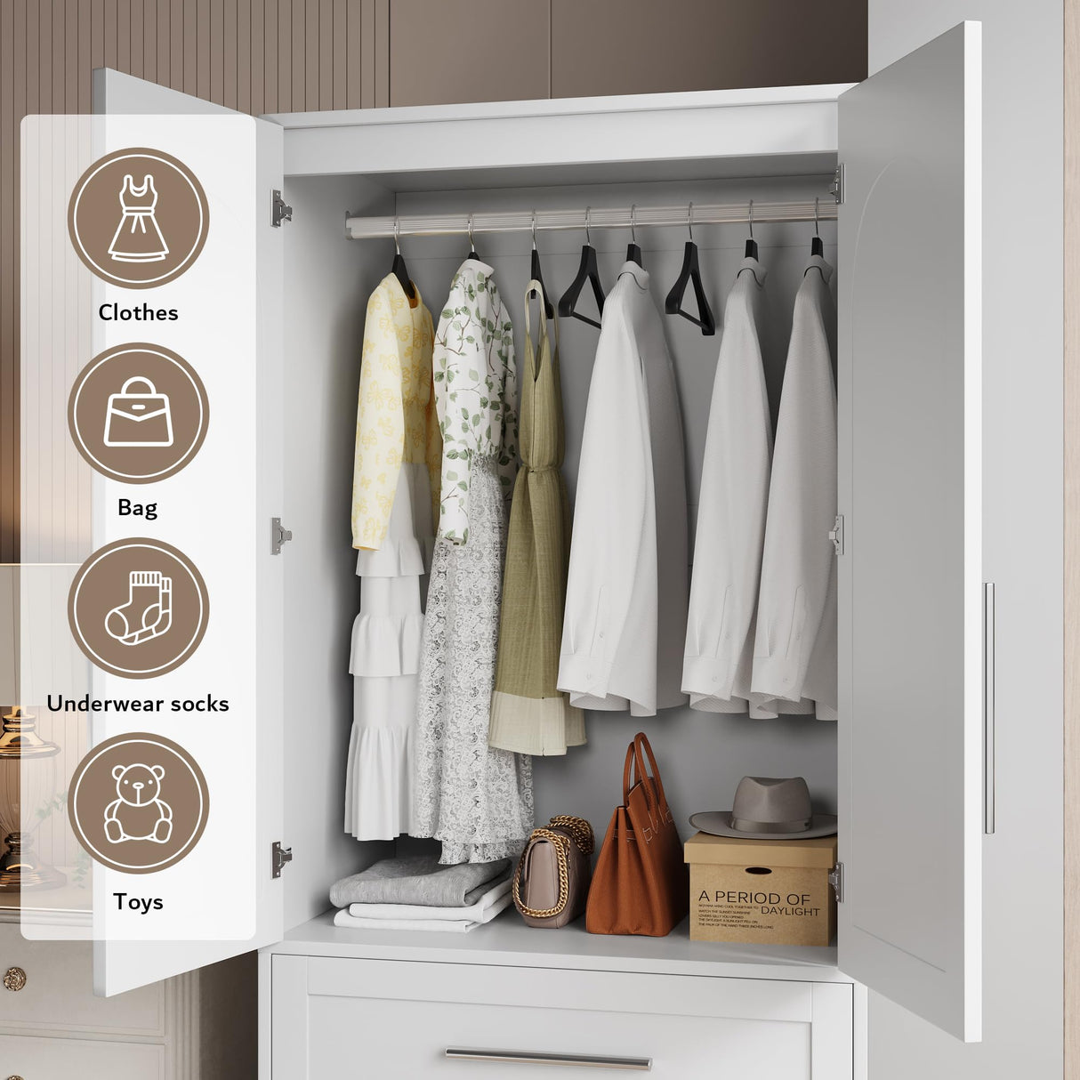 iPormis Armoire Wardrobe Closet with 2 Drawers, Modern Wooden Bedroom Armoire with Doors, Clothing Storage Cabinet with Aluminum Hanging Rod, Wardrobe Storage with Strong Door Closure, White iPormis