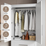 iPormis Armoire Wardrobe Closet with 2 Drawers, Modern Wooden Bedroom Armoire with Doors, Clothing Storage Cabinet with Aluminum Hanging Rod, Wardrobe Storage with Strong Door Closure, White iPormis