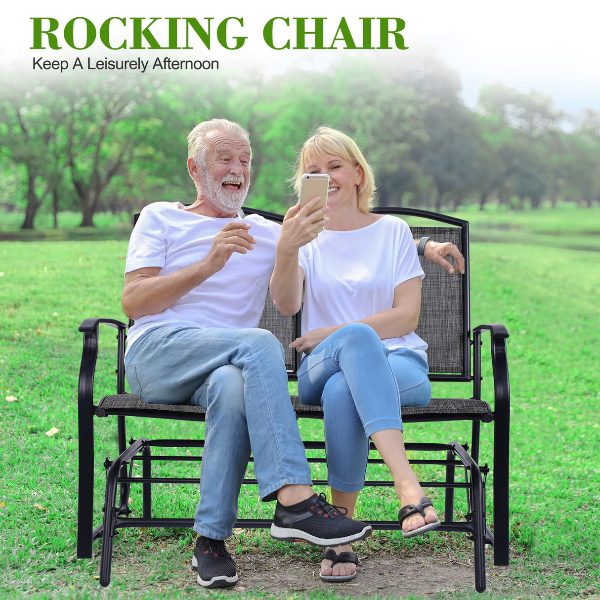 Backyard Expressions 2-Person Outdoor Glider Bench, Patio Double Swing Rocking Chair Loveseat w/Powder Coated Steel Frame for Backyard Garden Porch, Black Frame - Heathered Grey Sling Fabric BACKYARD EXPRESSIONS PATIO · HOME · GARDEN