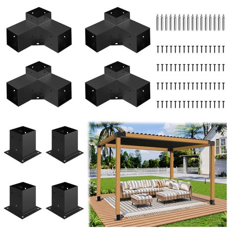 Jurrque Aluminum Alloy Pergola Kit with 3-Way Brackets for 4"x 4" Lumber,Lightweight,High-Strength DIY Pergola Brackets Support for Pergolas,Gardens,Outdoor Shelters,Gazebo Brackets Includes Screws. Jurrque