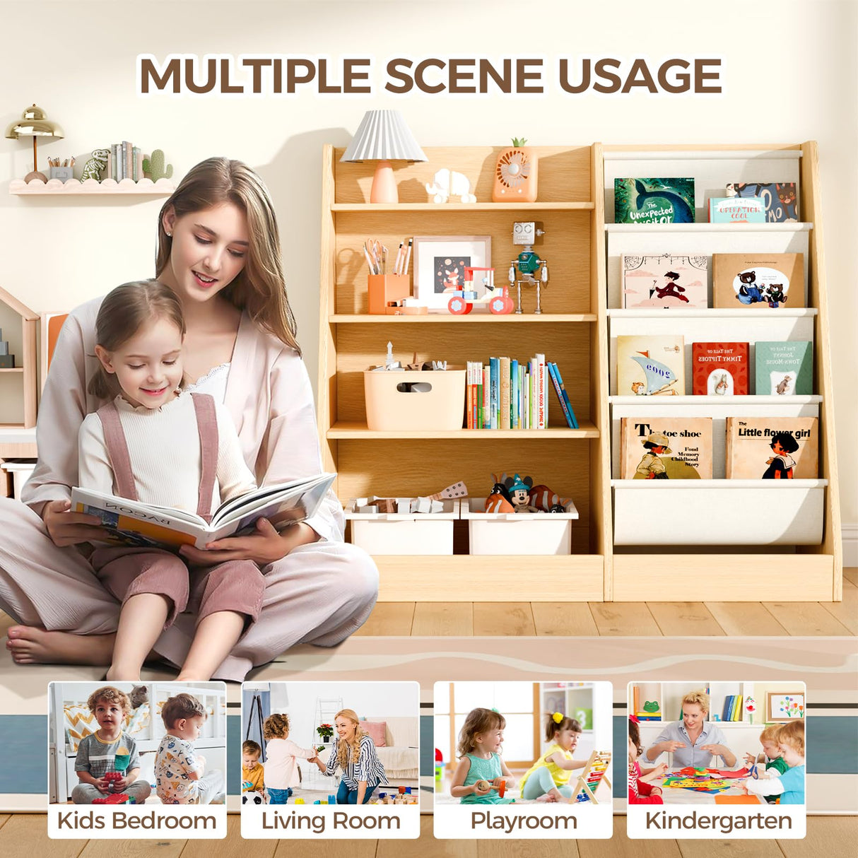 4 Tier Wooden Bookshelf, 4 Layer Sling Bookcase, Book Storage for Rooms, Magazine Rack, Bookshelf Nursery Wall, Book Organizer, Wood Generic