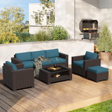 YLGJ&TIDY 7-Piece Outdoor Sectional Patio Furniture Set, All-Weather Wicker Rattan Sofa w/Thick Washable Cushions & Tempered Glass Table, Perfect for Garden, Poolside, Backyard (Brown&Peacock Blue) YLGJ&TIDY