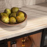 QNICE LED Industrial Wine Bar Cabinet for Liquor and Glasses/Sliding Barn Door Coffee Bar Cabinet with Light/Farmhouse Sideboard Buffet Storage Cabinet with Wine Rack/Rustic Oak/Easy Assembly QNICE