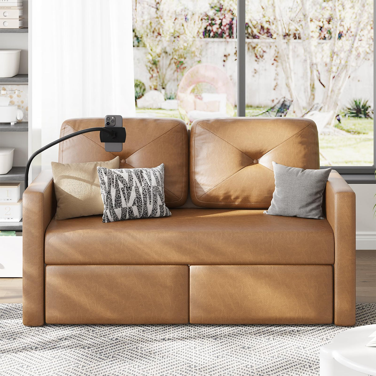 Maupvit Brown Leather Couch with Storage, Modern Comfy Loveseat Sofa with Charging Ports, Side Pockets, Solid Wooden Frame for Office, Living Room and Bedroom, 2 Seater Maupvit