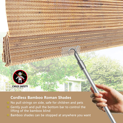 FACIMI Cordless Blackout Bamboo Window Shades, Light Filtering Roman Blinds with 6" H Valance, with Room Darkening Liner Bamboo Shades for Windows, Sliding Doors, Amber