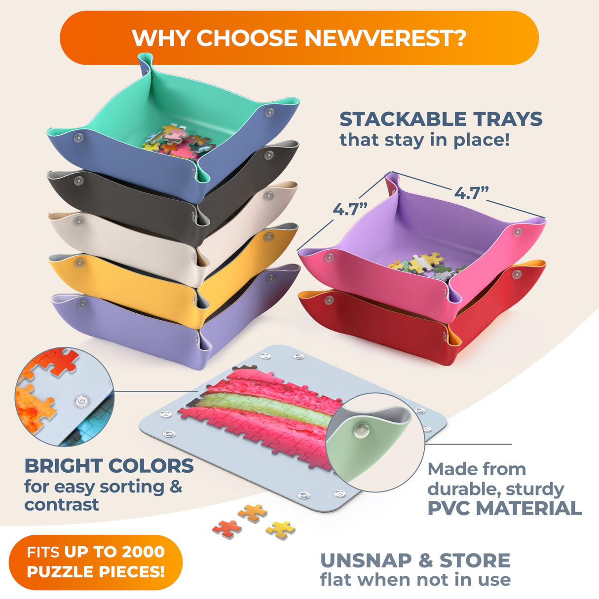 Newverest All-You-Need Puzzle Set: 8 Puzzle Sorting Trays for up to 2000 Pieces, 6 Glue Sheets, 1 Large Scraper & 2 Adhesive Hangers in Gift-Ready Packaging – Must-Have Saver Kit for Puzzle Lovers Newverest