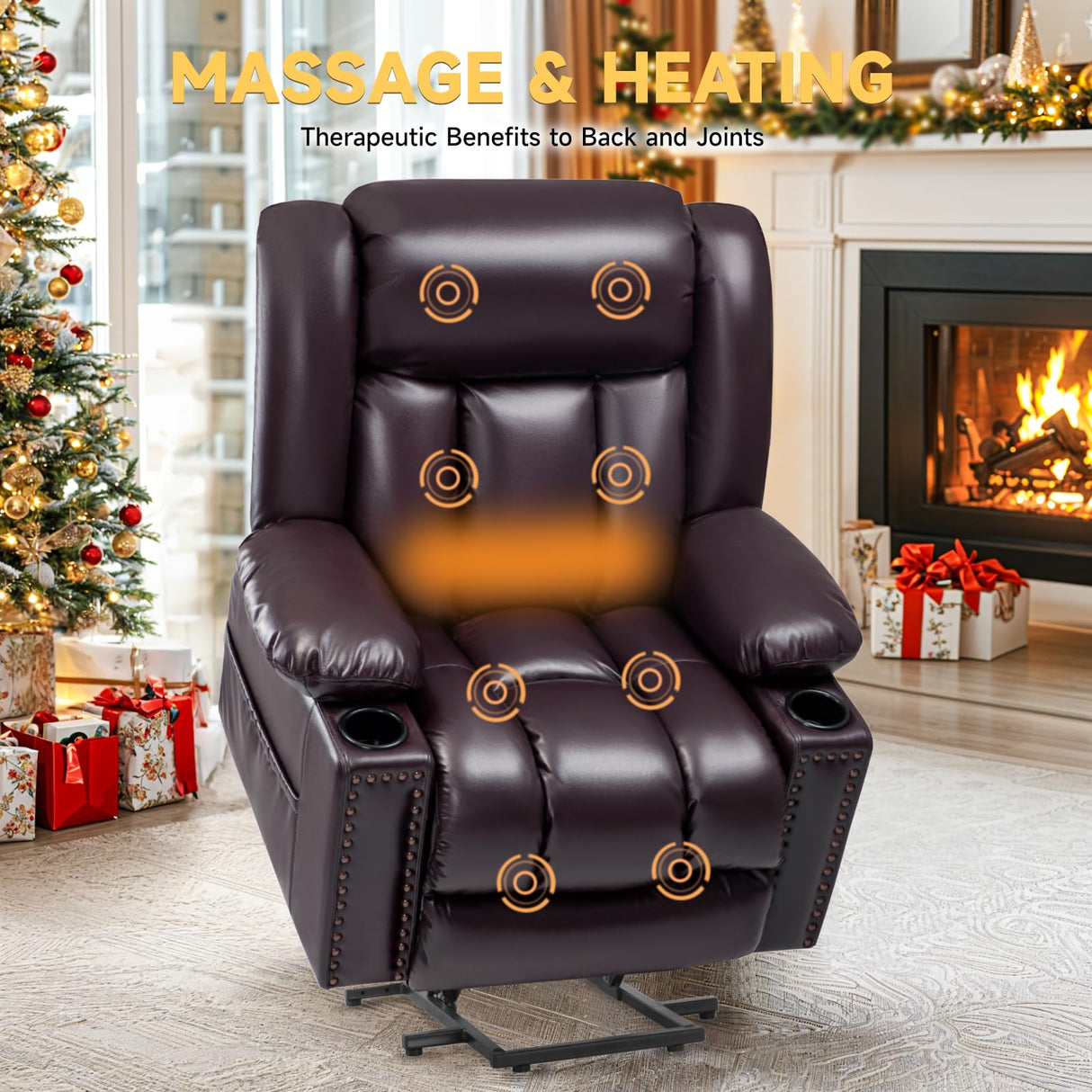 Large Power Lift Chairs Recliners for Elderly with Heated and Massage, Overstuffed Adjustable Lift Chairs, 3 Positions, Breathable Leather, USB-A and USB-C, Cup Holder, Side Pocket Dark Brown Cfvyne