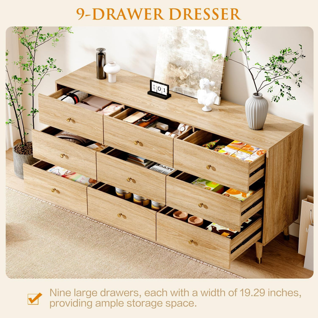 Chrangmay 9 Drawer Dresser,63" Wide Mid Century Modern Chest of Drawers,Wooden Bedroom Drawer Dresser with 9 Storage Drawers for Bedroom, Living Room,with Anti-Tipping Device,Natural Chrangmay