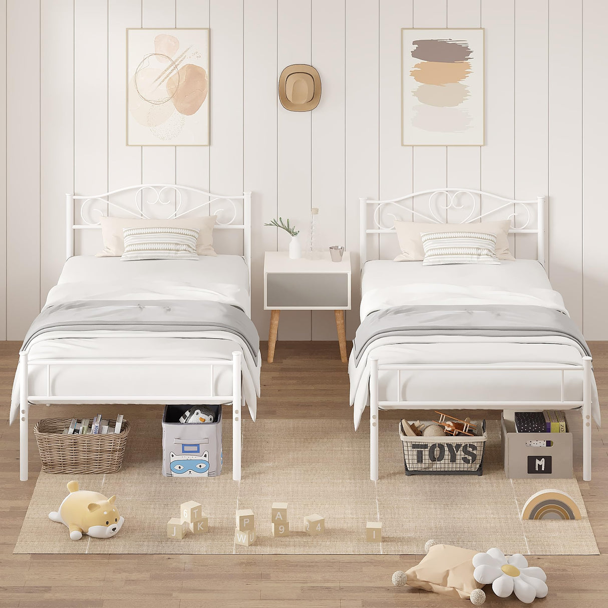 VECELO 14 Inch Twin Size Metal Platform Bed Frame with Headboard and Footboard, Heavy Duty Mattress Foundation with Steel Slats Support, No Box Spring Needed, White VECELO