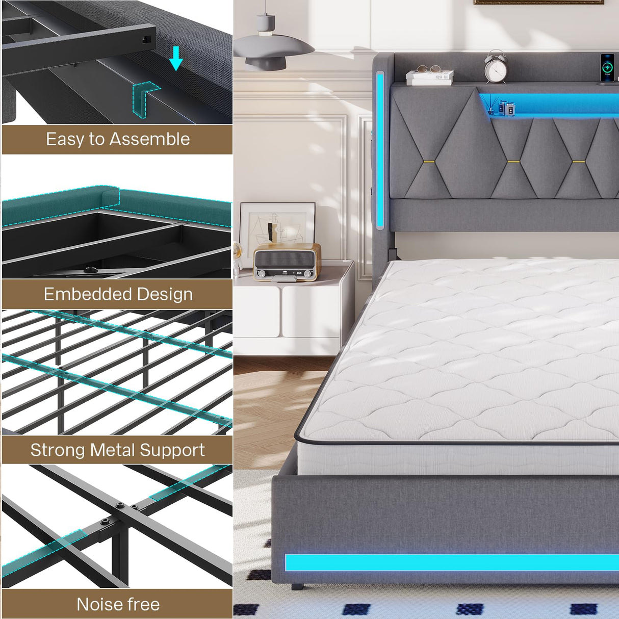King Size Bed Frame with Storage, Platform Bed Frame King Size with LED Lights, King Bed Frame with Upholstered Headboard & Charging Station, No Box Spring Needed, Noise-Free, Easy Assembly, Gray Tagafi
