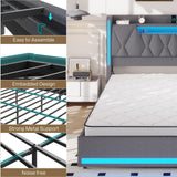King Size Bed Frame with Storage, Platform Bed Frame King Size with LED Lights, King Bed Frame with Upholstered Headboard & Charging Station, No Box Spring Needed, Noise-Free, Easy Assembly, Gray Tagafi