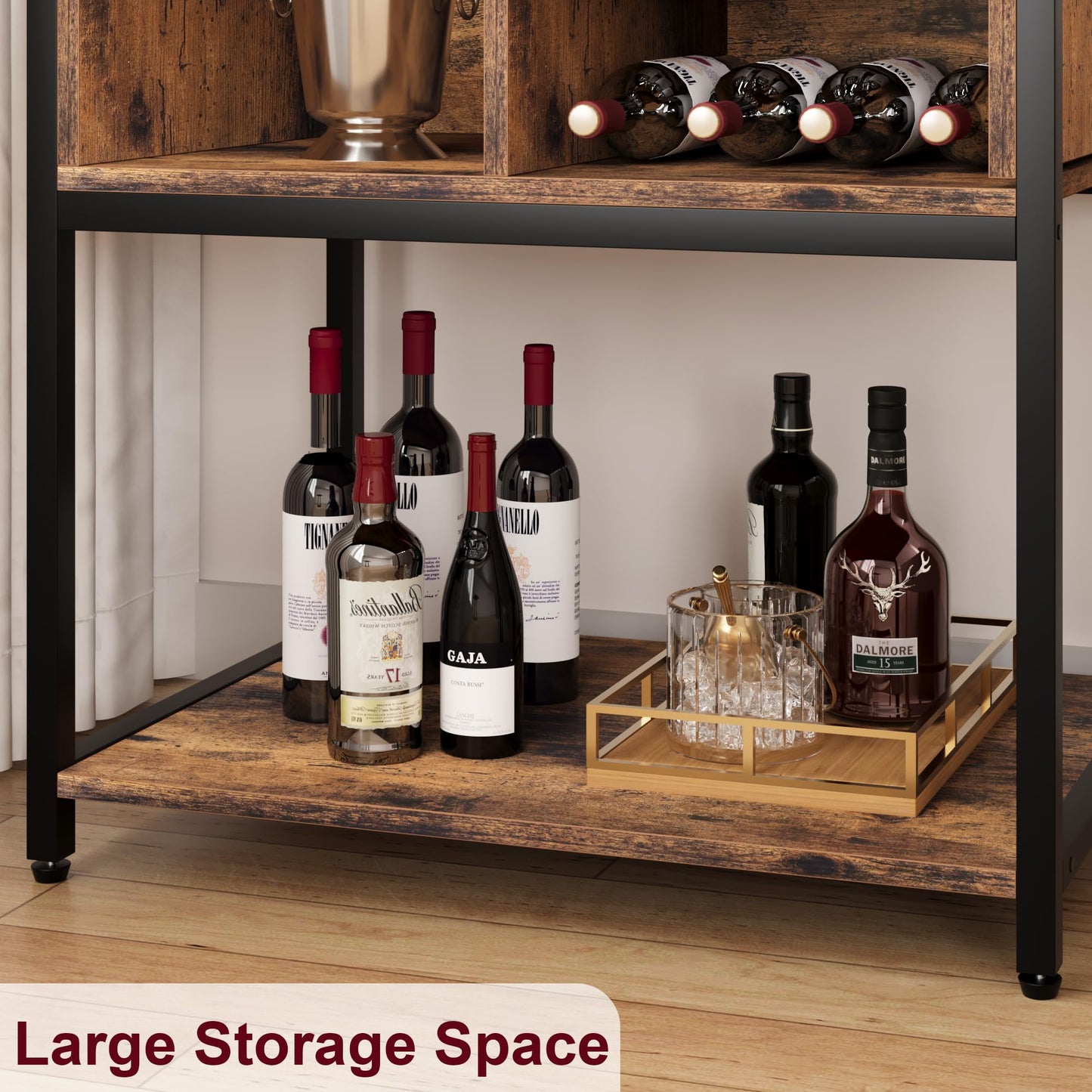 IDEALHOUSE Rustic Brown Freestanding Wine Cabinet with Glass Rack and Storage Solutions - WoodArtSupply