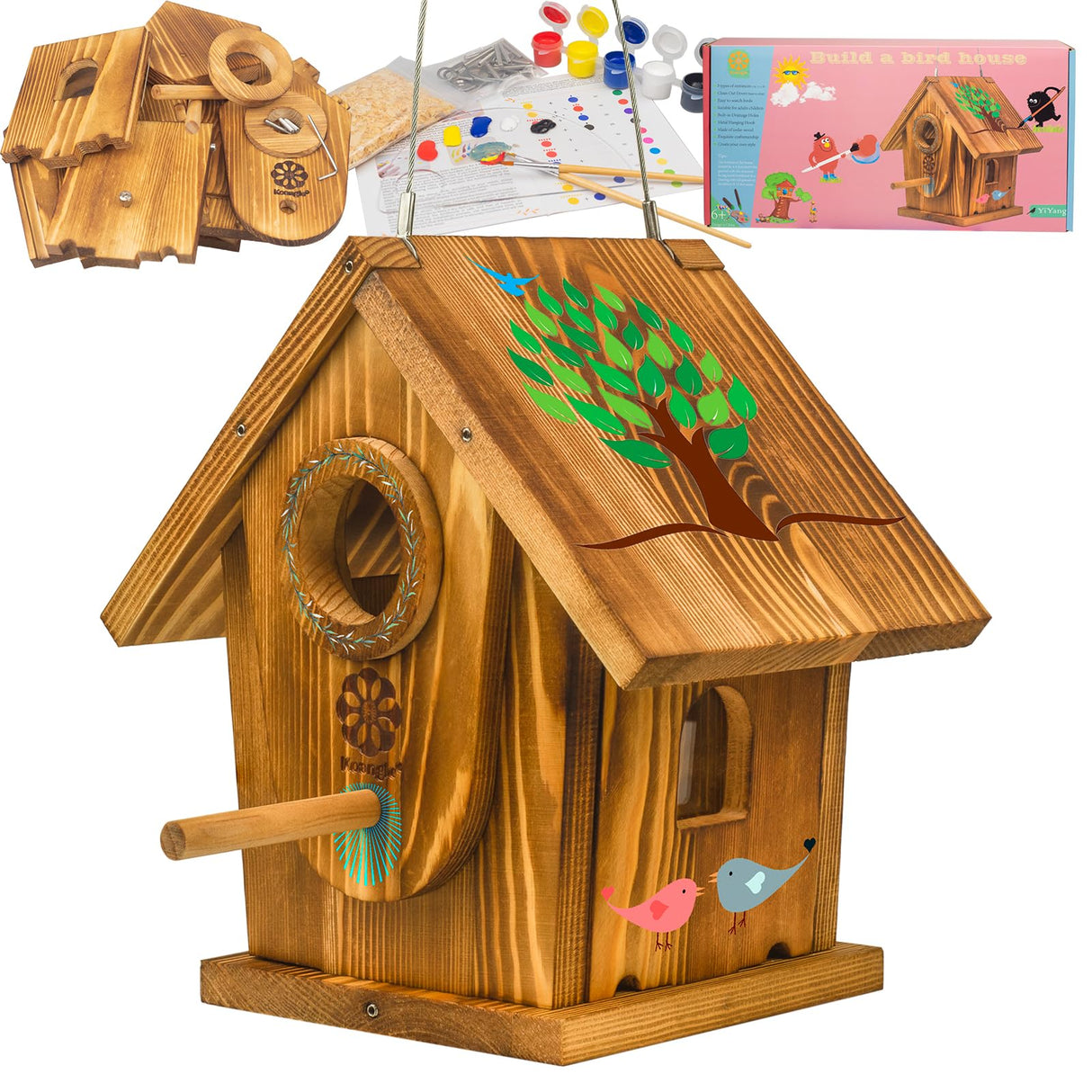 DIY Outdoor Wooden Bird House Kits with Pole&Windows - Build and Paint for Adults & Kids,Dovetail Joint Structure for Easy Installation, Carbonized for Durability, Sturdy and Easy to Clean,Paint Kit Generic
