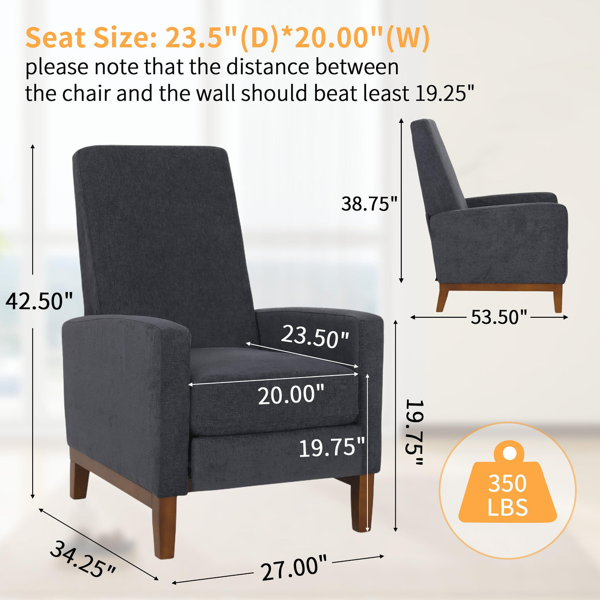 QKFF Push Back Recliner Chair, Adjustable Modern Reclining Chair with Solid Wood Legs Thick Seat Cushion and Backrest Small Recliners for Small Spaces Living Room QKFF