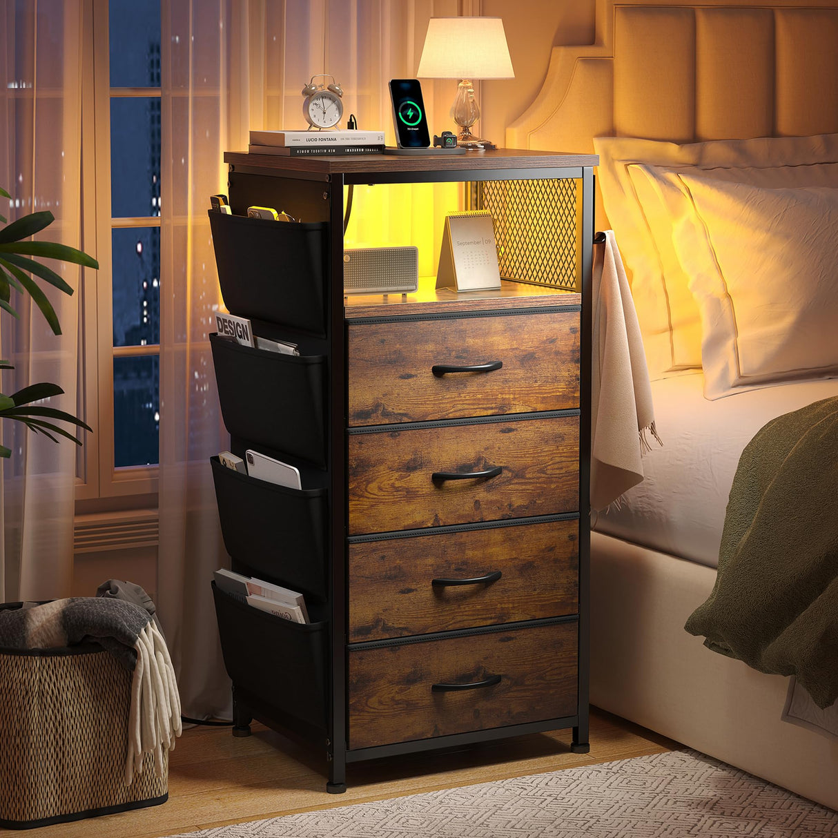 Dresser for Bedroom with Charging Station & LED Lights, 4 Storage Drawers with Side Pockets, Dressers & Chests of Drawers, Fabric Dresser Organizer Unit for Bedroom, Closet, Hallway, Entryway, Brown EnHomee