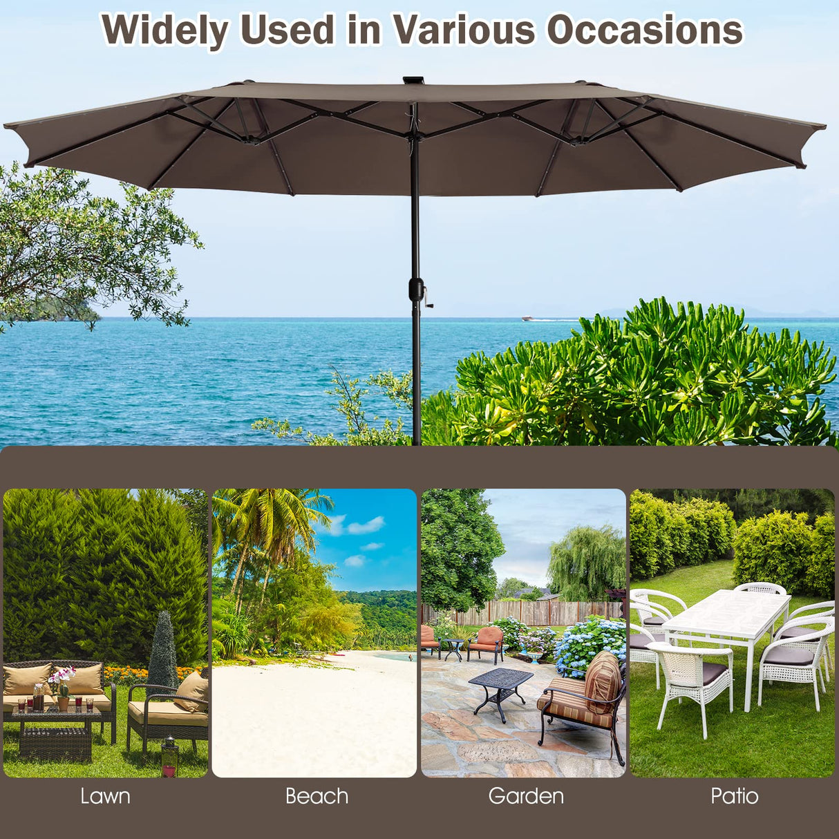 Giantex 15 FT Double Patio Umbrellas with 48 Solar LED Lights, Auto-Charging Panel, Crank System, Outdoor Extra-Large Rectangle Market Table Umbrella for Garden Deck Backyard Beach Pool (Coffee) Giantex