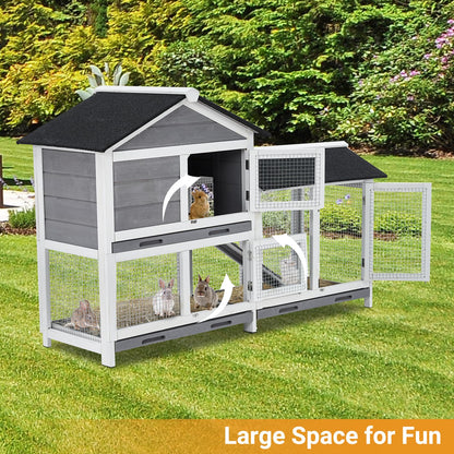 58'' Bunny Hutch Indoor with 3 Leak-Proof Trays, Waterproof Roof Rabbit Hutch Indoor/Outdoor, 2-Tier Wooden Bunny House/Chicken Coop, Gray and Black