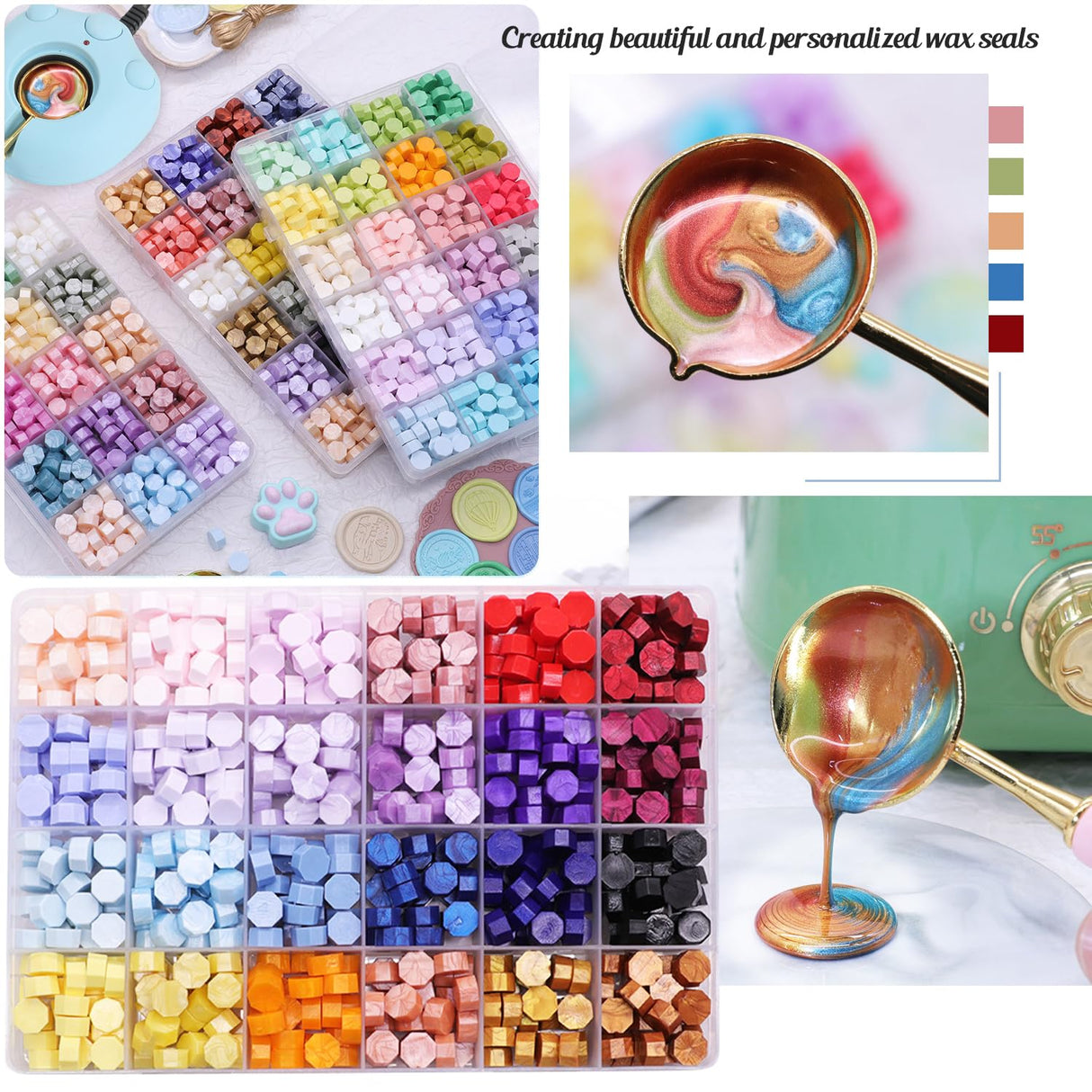 WASOHLING Wax Seal Kit - 24 Color Wax Beads (600pcs), Love Heart Stamps, Electric Warmer, Metallic Pen, Envelopes Sealing Kit for Wedding Invitations WASOHLING