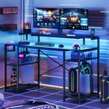 Bestier 55 inch Gaming Desk with Power Outlets & LED Lights, Computer Desk with Monitor Stand & Adjustable Shelves, Home Office Desk with Cup Holder & Hook, Black 3D Carbon Fiber Bestier