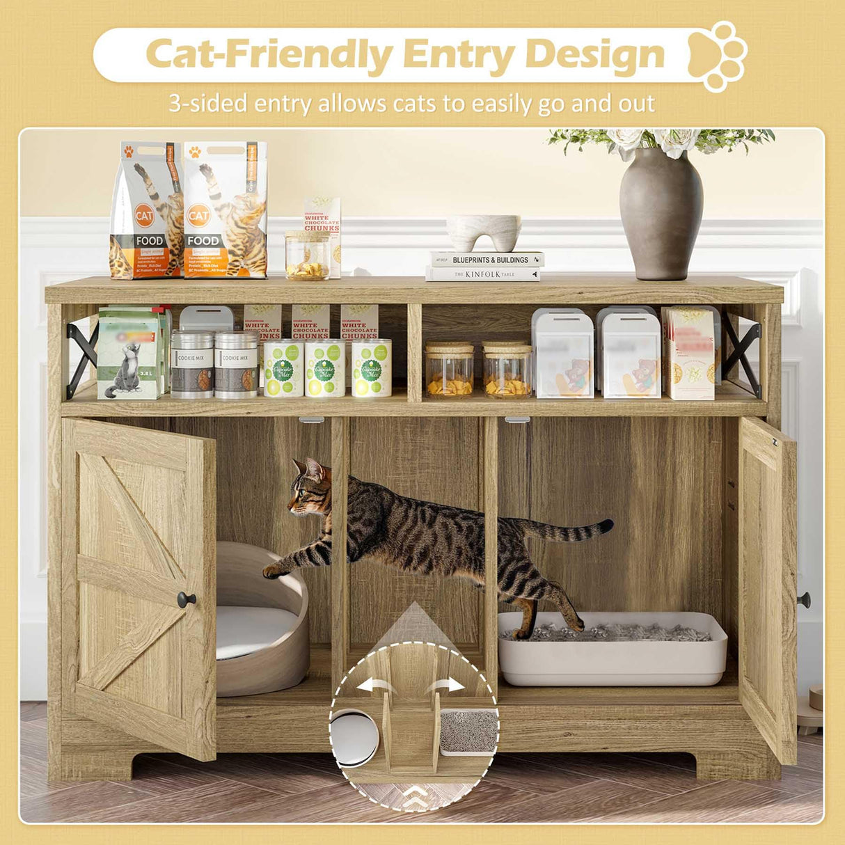 47” Cat Litter Box Furniture, Hidden Litter Box Furniture with Storage & Adjustable Shelves, Enclosed Wood Cat House, Farmhouse, Suitable for Living Room Bedroom, Easy Assembly (Brown) HRVEOCEI