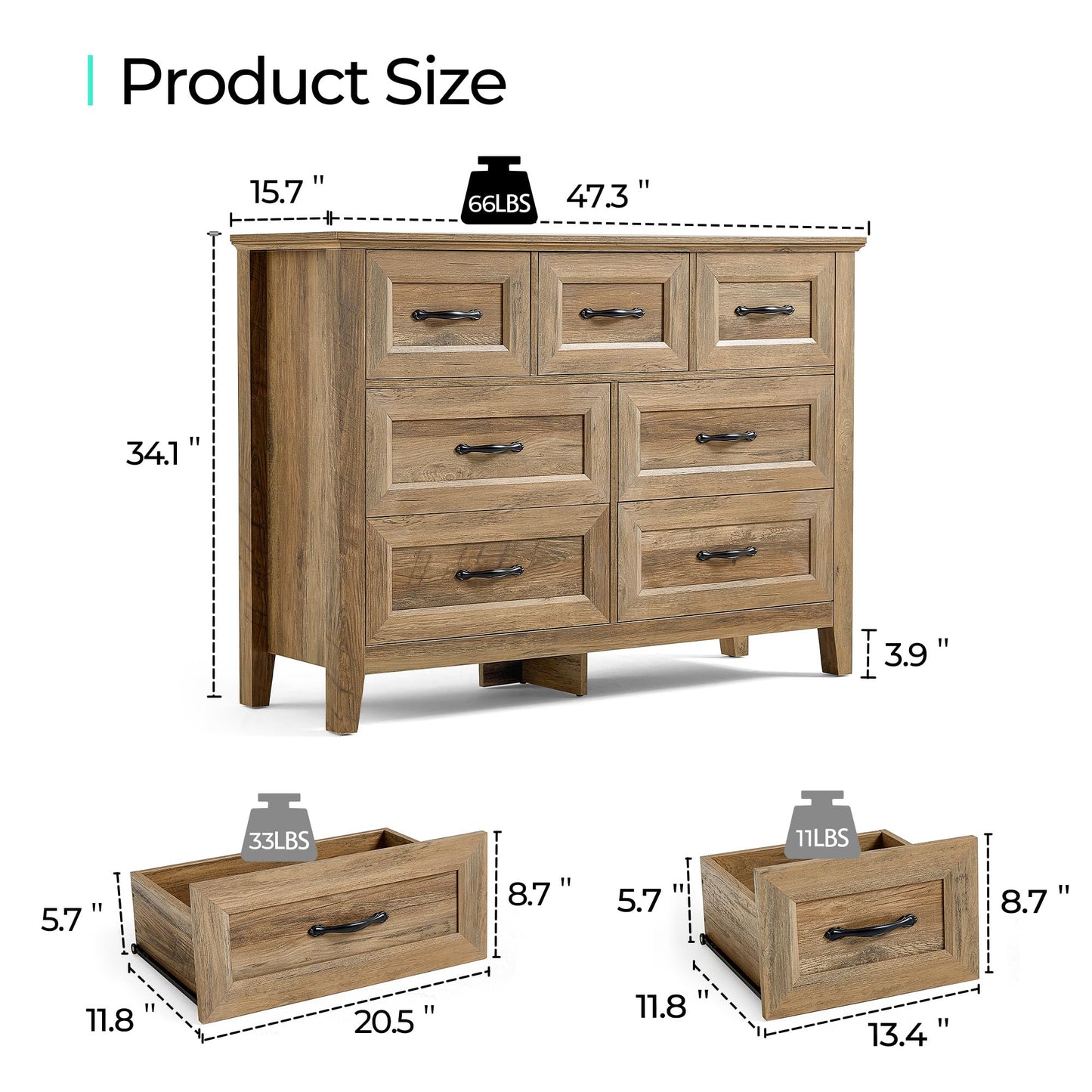 LINSY HOME Dresser for Bedroom, Long Dresser with 7 Drawers, Wood Chest of Drawers with Metal Handles, Ideal for Living Room, Entryway and Hallway