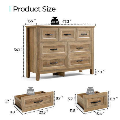 LINSY HOME Dresser for Bedroom, Long Dresser with 7 Drawers, Wood Chest of Drawers with Metal Handles, Ideal for Living Room, Entryway and Hallway