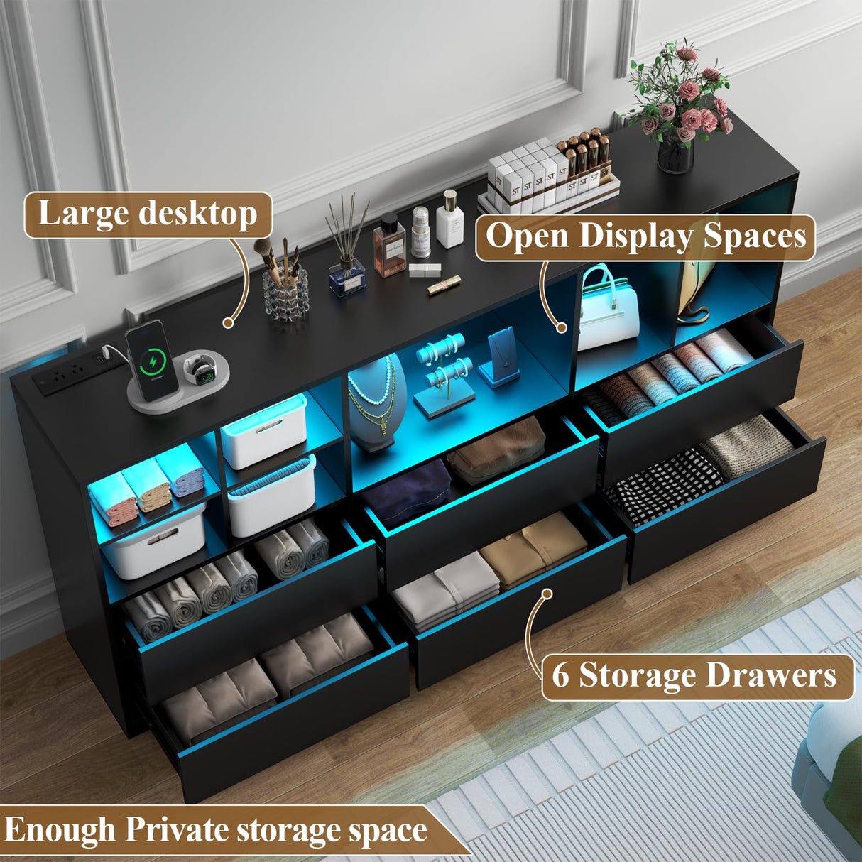 Gyfimoie Black Dresser for Bedroom with 6 Drawers, Chest of Drawers with Led Lights&Charging Station, 63" Long Dresser with 7 Open Cubbies, Storage Drawers for Living Room, Closet, Hallway (Black) Gyfimoie