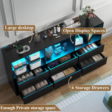 Gyfimoie Black Dresser for Bedroom with 6 Drawers, Chest of Drawers with Led Lights&Charging Station, 63" Long Dresser with 7 Open Cubbies, Storage Drawers for Living Room, Closet, Hallway (Black) Gyfimoie