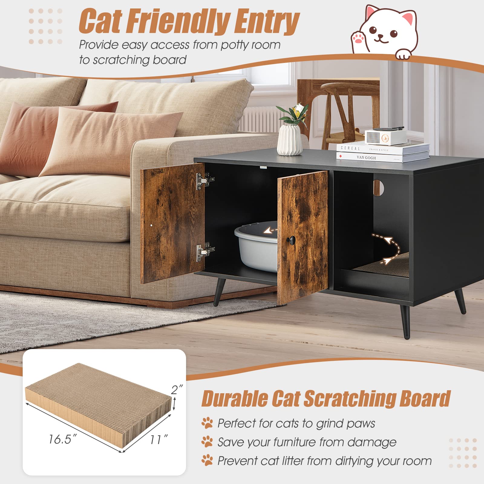 PETSITE Litter Box Enclosure, Wooden Hidden Litter Box Furniture with Cabinet & Scratching Pad, Stackable Cat Washroom Pet House End Table - WoodArtSupply