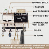 Farmhouse Key and Mail Holder for Wall Decorative, Rustic Mail and Key Organizer for Wall with Different Hooks, Chalkboard, Key Holder Wall Mount with Shelf, Basket, Clips(Pine Wood, White Washed) HEKOOLA