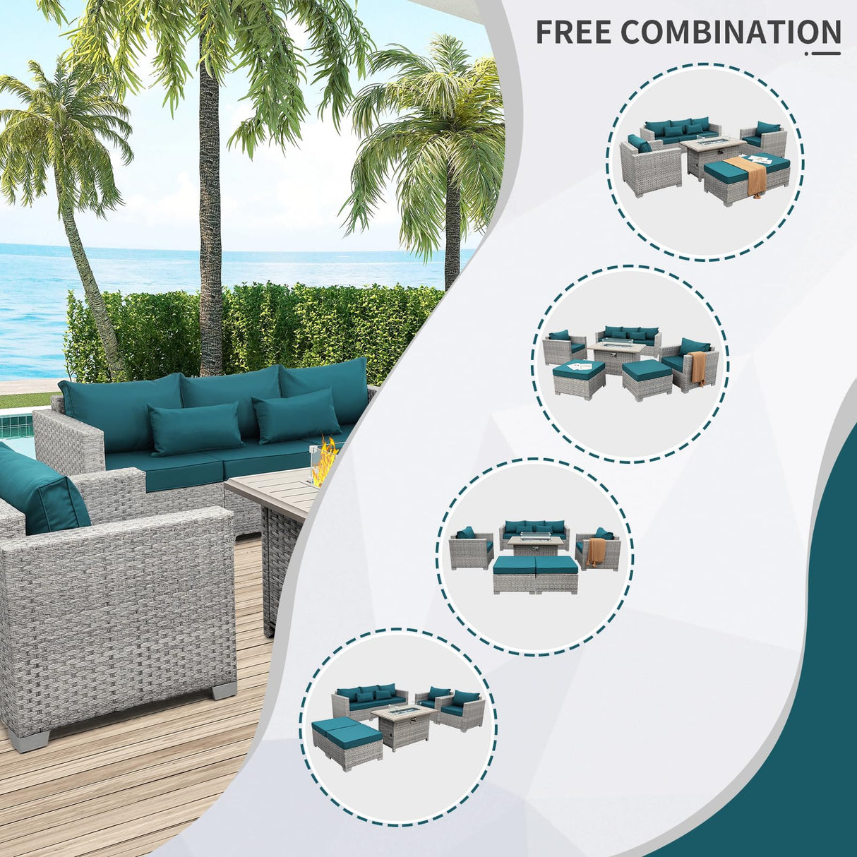 WAROOM Patio Furniture Set 6 Piece Grey Wicker Outdoor Furniture Patio Sectional Sofa Couch PE Rattan Conversation Sets with Fire Pit Table, Peacock Blue Cushion WAROOM