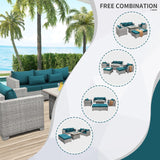 WAROOM Patio Furniture Set 6 Piece Grey Wicker Outdoor Furniture Patio Sectional Sofa Couch PE Rattan Conversation Sets with Fire Pit Table, Peacock Blue Cushion WAROOM