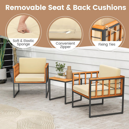 Tangkula 3 Pieces Patio Chair Set, Acacia Wood Outdoor Sofa Set with Metal Support, Soft Seat & Back Cushions Included, Cushioned Bistro Set for Balcony, Porch, Backyard (Beige) - WoodArtSupply