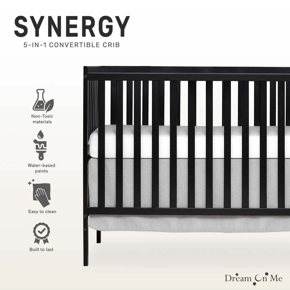 Dream On Me Synergy 5-In-1 Convertible Crib In Black, Greenguard Gold Certified Dream On Me