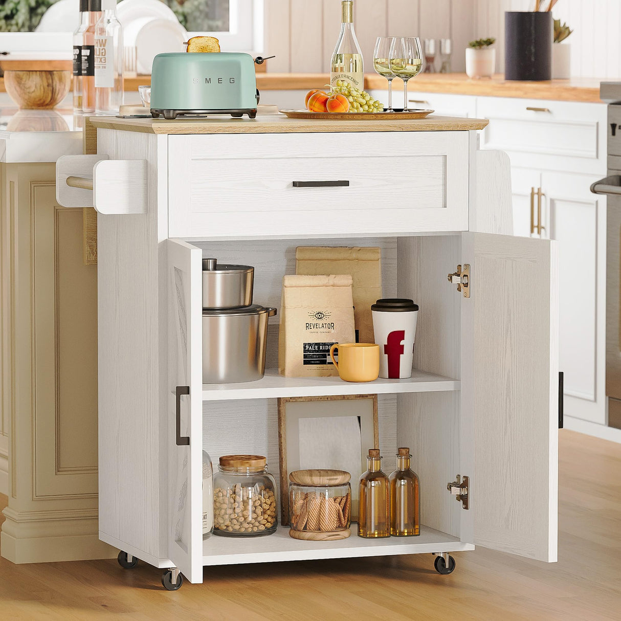 IRONCK Kitchen Island Table with Storage, Rolling Kitchen Cart with Power Outlet, Storage Cabinets on Wheels with Drop Leaf, Portable for Dining Room, White IRONCK