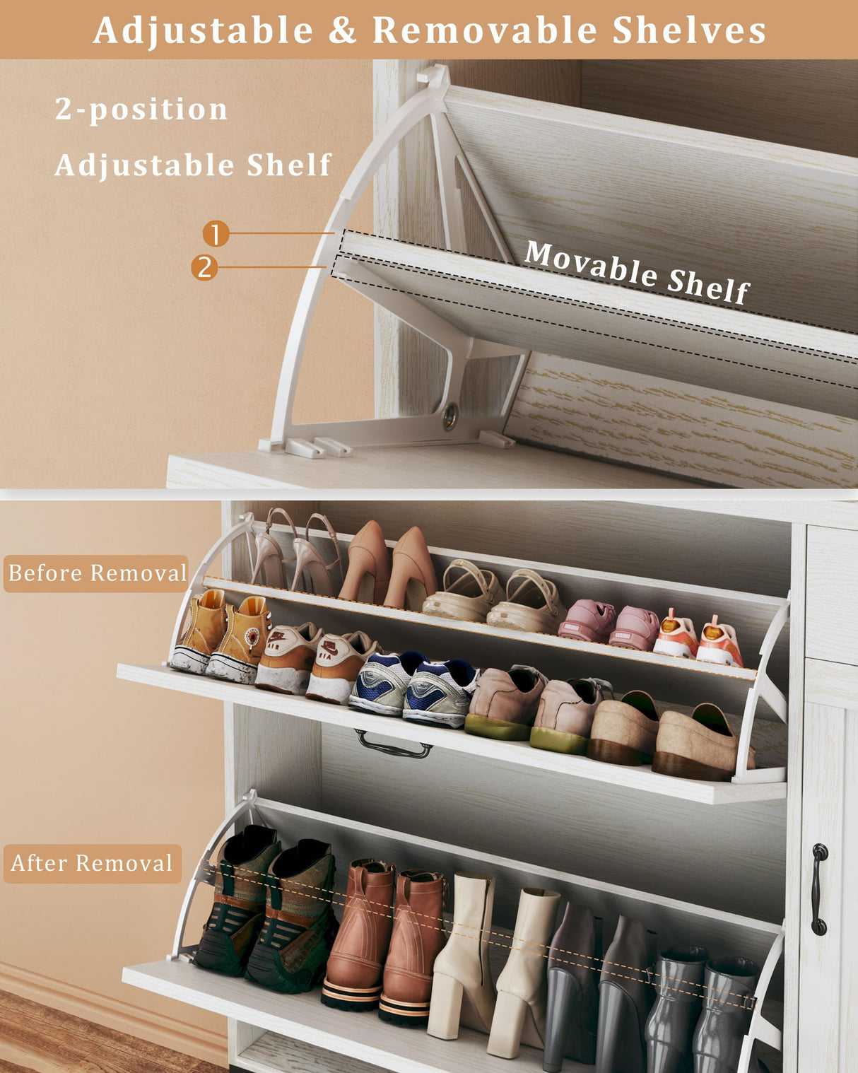 HUAHUU Shoe Cabinet with 2 Flip Drawers & Side Cabinet, Shoes Cabinet with Adjustable Shelves, Shoe Storage with Drawer & Mounted Shoe Rack for Entryway, Hallway, Shoe Organizer Cabinet, White HUAHUU