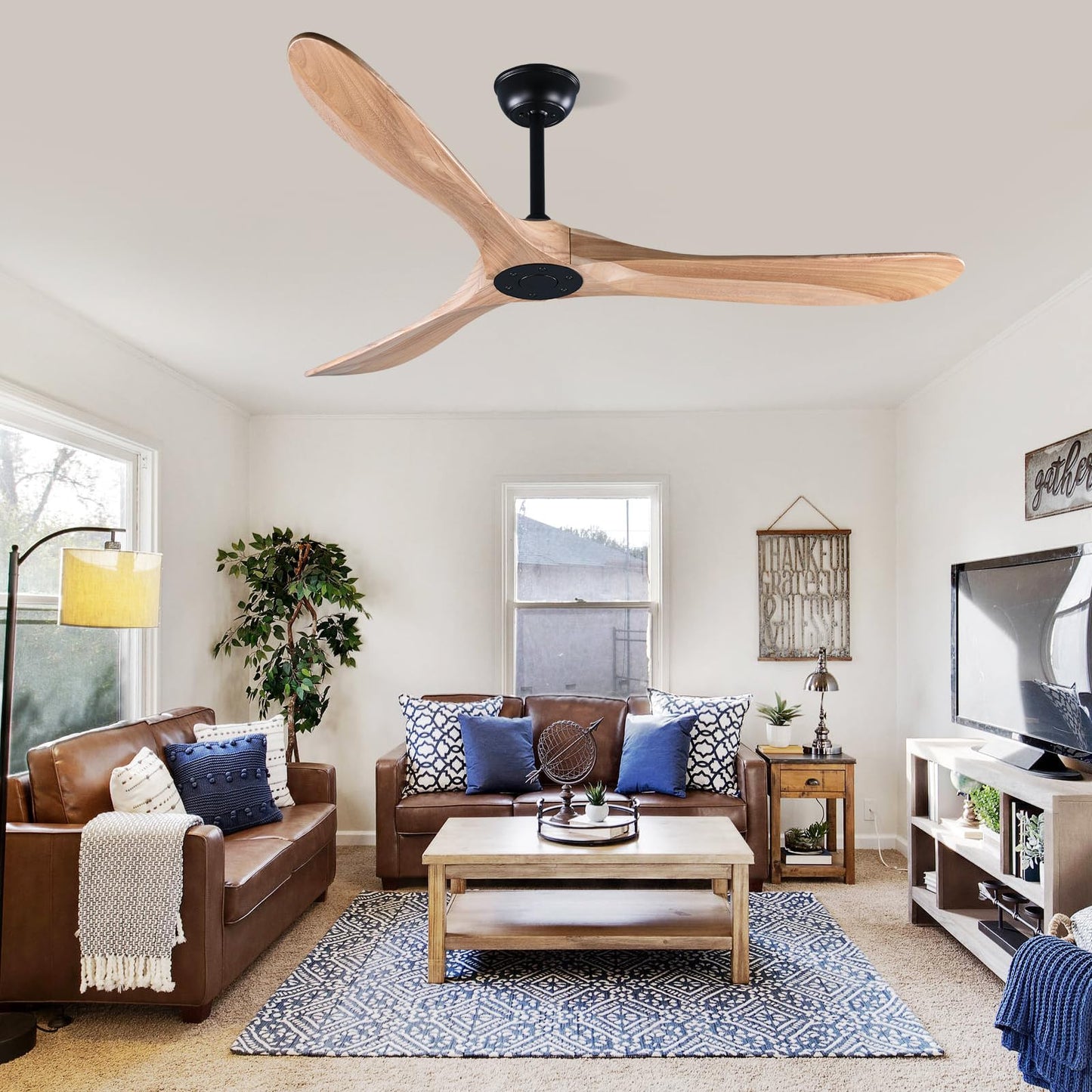 Fanawi 60" Wood Ceiling Fan with Remote Control, DC Motor Ceiling Fan without Lights for Indoor/Outdoor - Modern Design, Powerful Airflow, Silent Operation