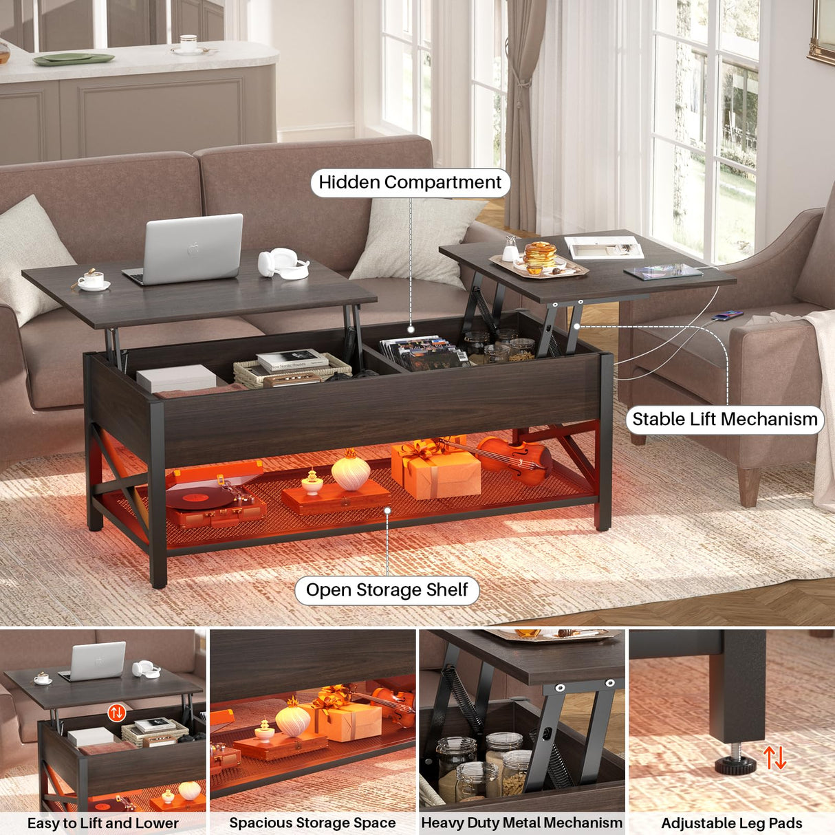 Aheaplus Coffee Table, Lift Top Coffee Table with LED light and Power Outlet, Modern Lift-Top Table with Storage Shelf, Center Table for Living Room with Lift Tabletop, X Support Metal Frame, Espresso Aheaplus