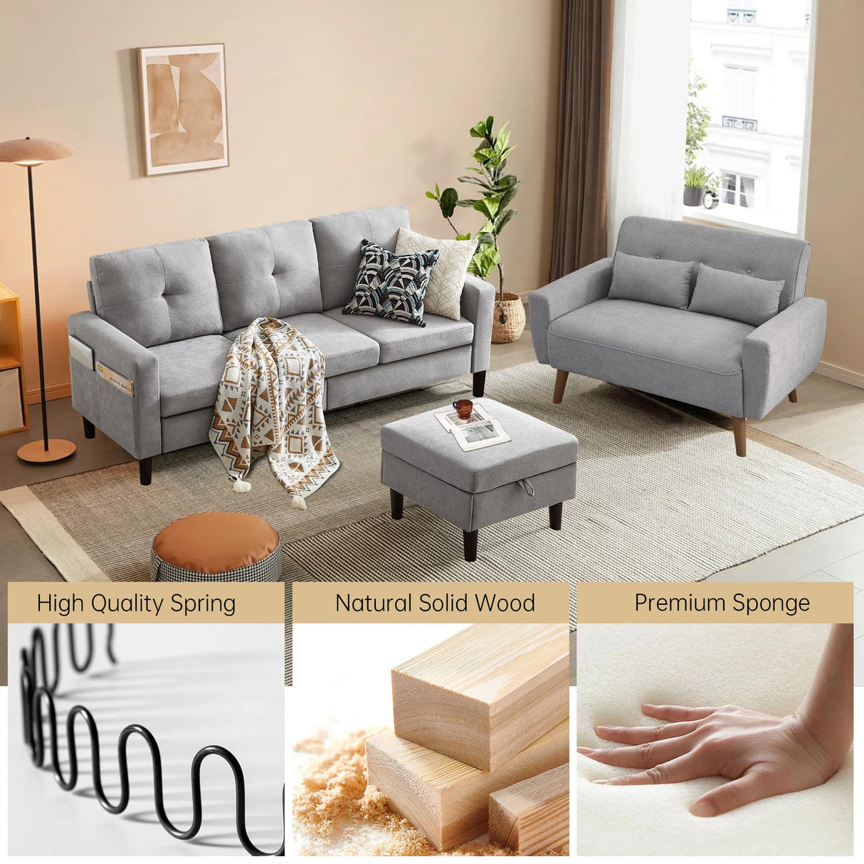 Pingliang Home 2 Piece Comfy Couch Set, 3 Seater & 2-Seater Sofa and Loveseat Set with Ottoman, Modern Sofa Sets for Living Room/Apartment/Office, Light Grey Pingliang Home