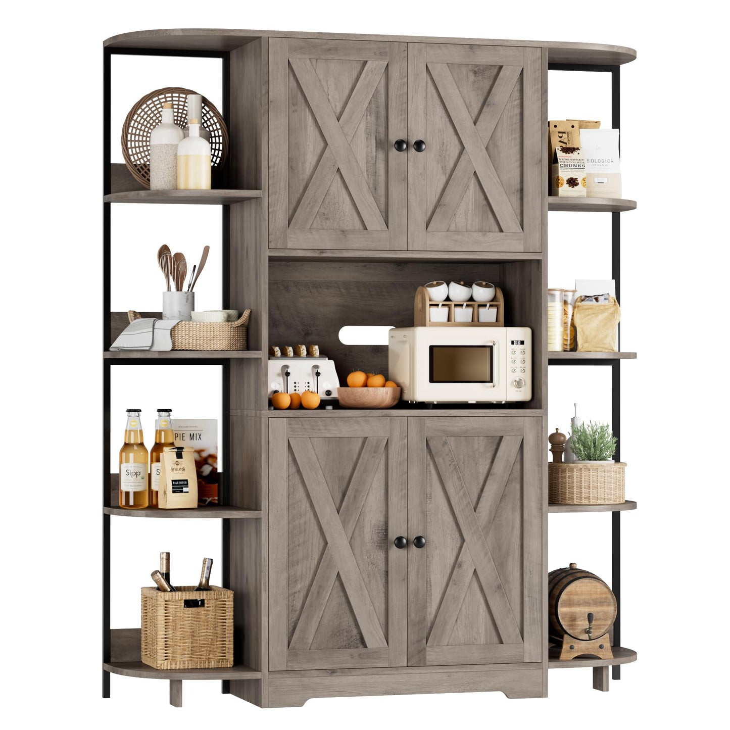 HITHOS 70" Industrial Kitchen Pantry Cabinet with Adjustable Shelves and Microwave Stand in Ash Gray - WoodArtSupply