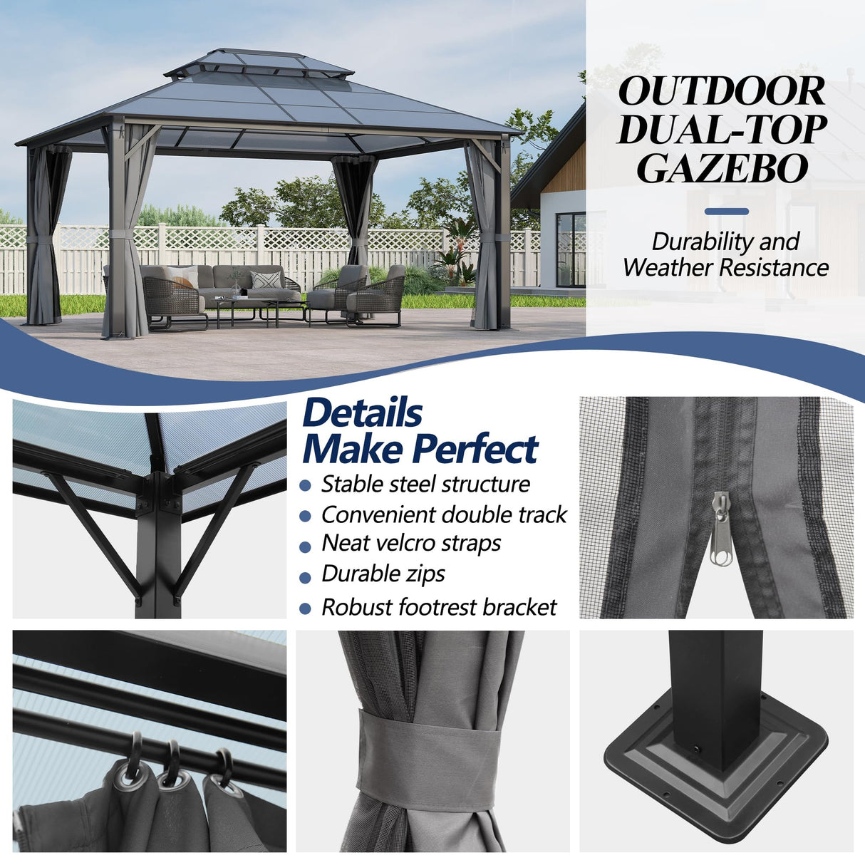 GARTOO 12x14FT Polycarbonate Hardtop Gazebo with Double Roof - Heavy-Duty Steel Frame Gazebo with Breathable Netting & Privacy Curtain for Patio, Porch, Garden, Lawn, Deck, Backyard GARTOO